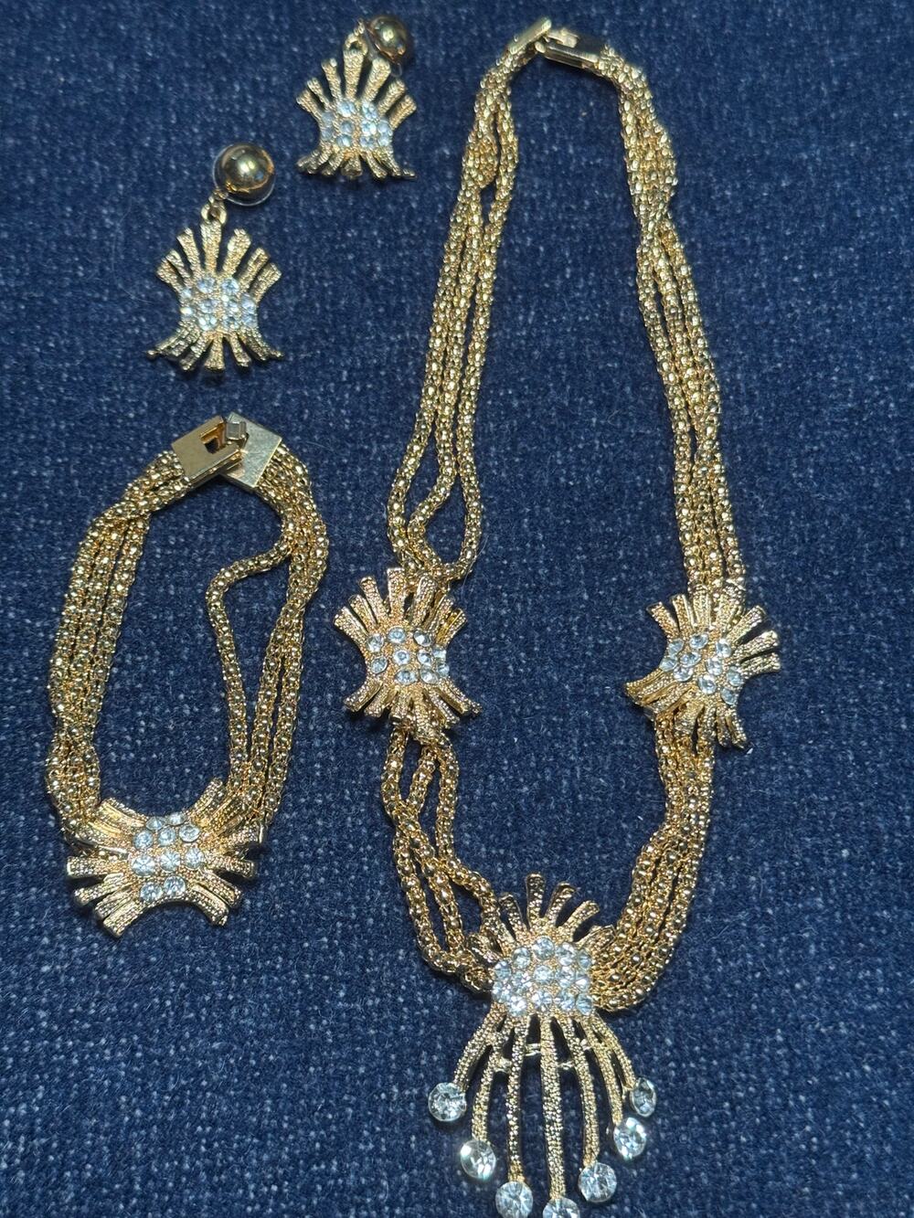 Gold Tone Necklace, Earrings, Bracelet w/ Rhinestone Starburst